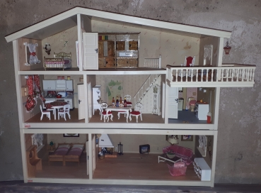 Lundby Puppenhaus ca. 1970er/1980er Jahre 3-stöckig mit Möbeln
